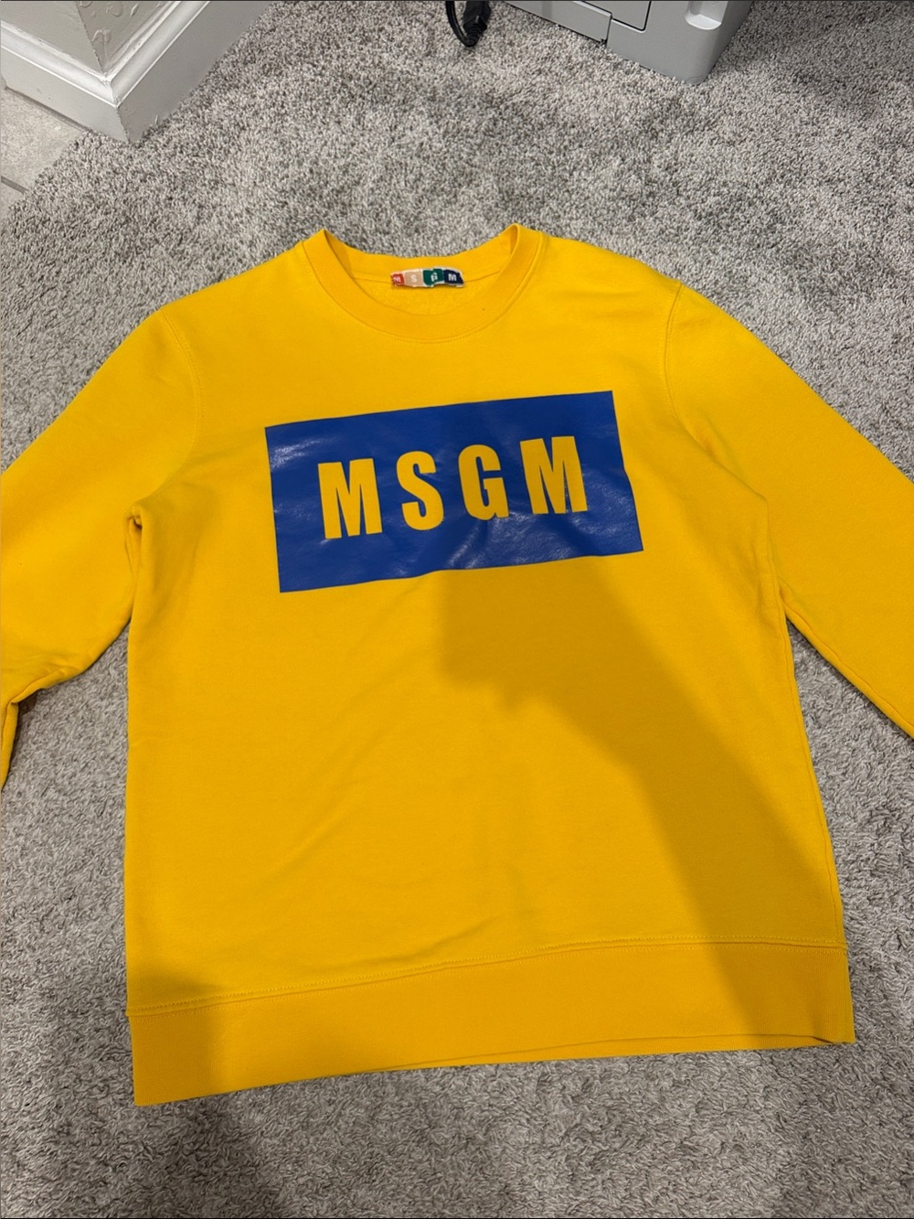 MSGM Yellow Crewneck Sweater with Blue Logo